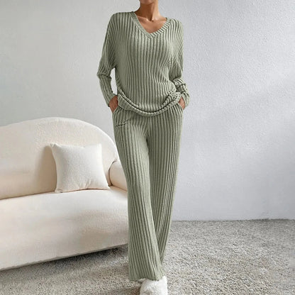 Dames comfortabele ribgebreide loungewear set met trui en broek