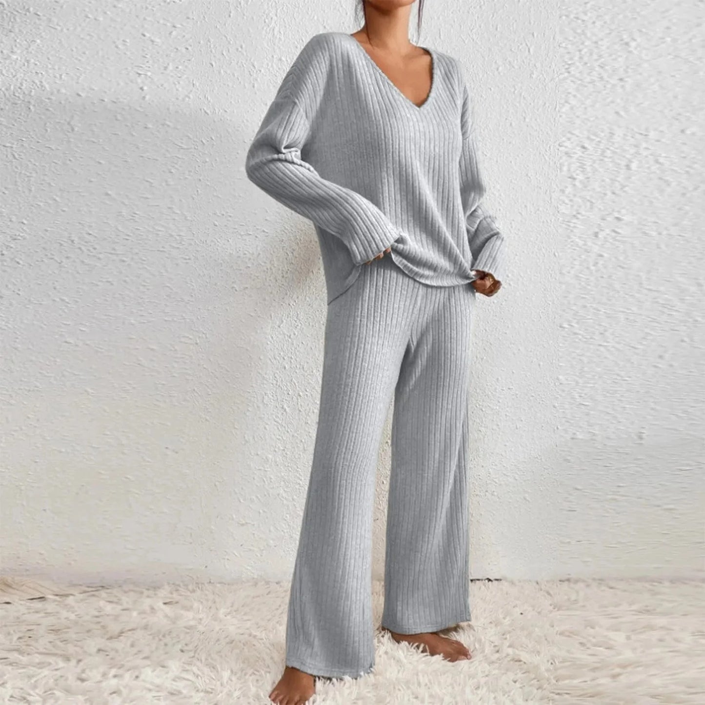 Dames comfortabele ribgebreide loungewear set met trui en broek