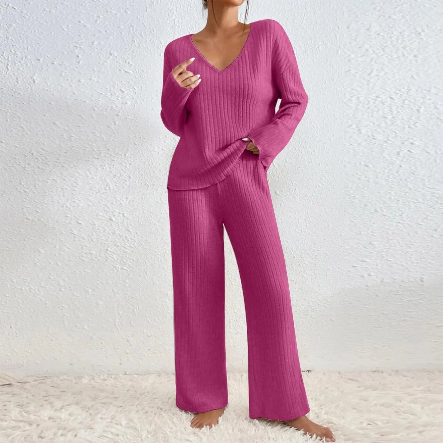 Dames comfortabele ribgebreide loungewear set met trui en broek
