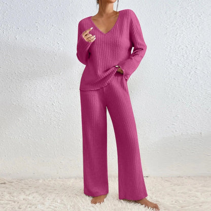 Dames comfortabele ribgebreide loungewear set met trui en broek