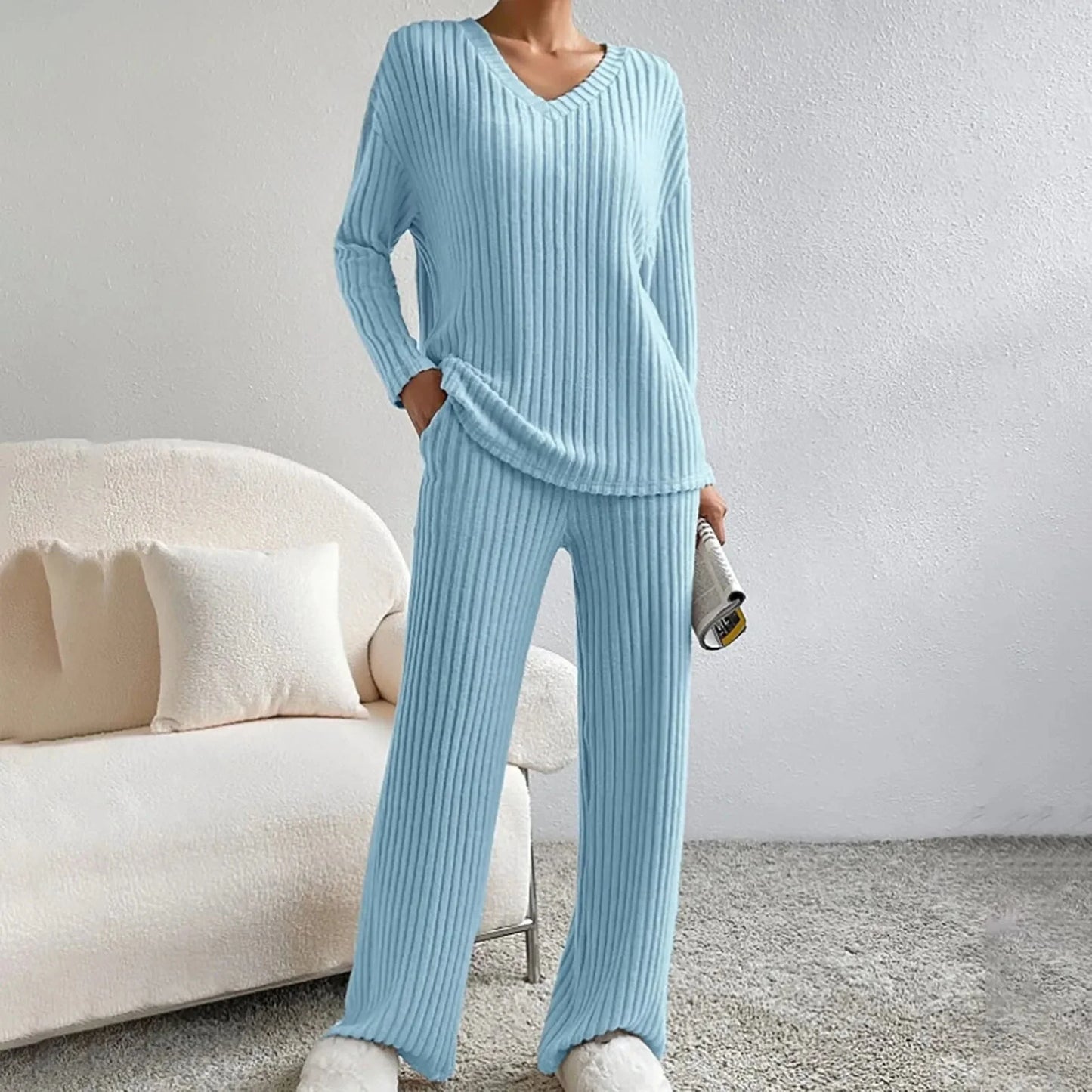 Dames comfortabele ribgebreide loungewear set met trui en broek