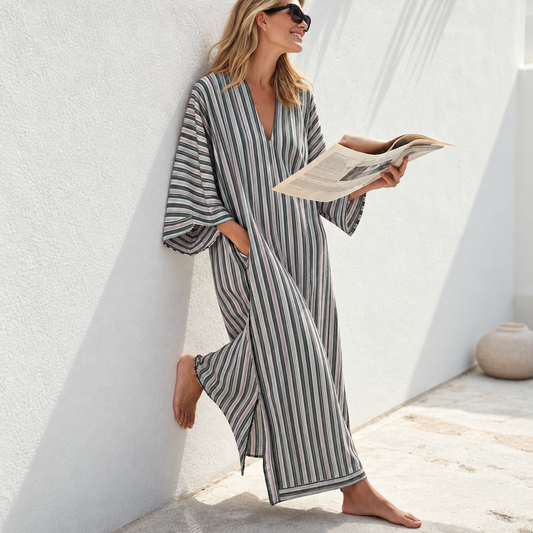 Dames A-lijn Kaftan – Geschikt voor Zomer, Met V-hals en Korte Mouwen