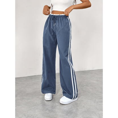 Pantalón de chándal deportivo de cintura alta para mujer – Negro con rayas blancas, ropa deportiva informal para el tiempo libre