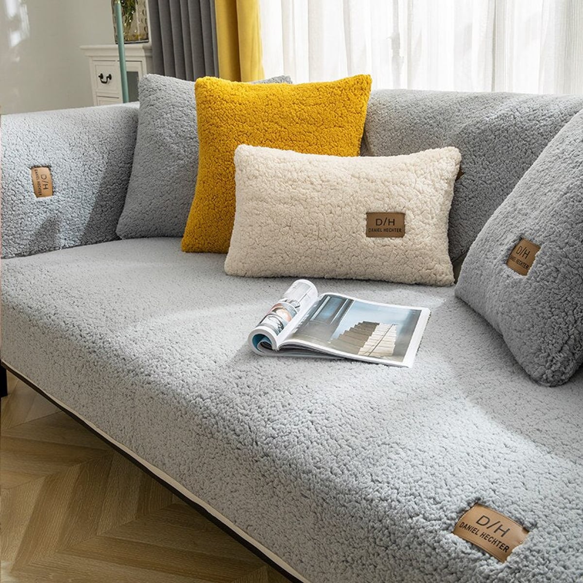 non-slip fleece sofa cover in light grey