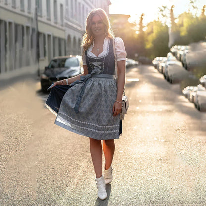 Dames Tiroler Jurk Set met Schort en Blouse Grijs