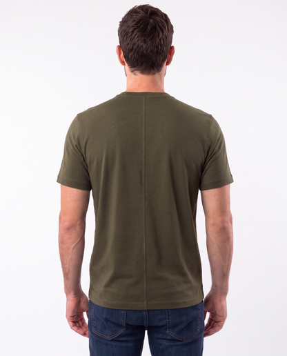 Olive green kangaroo pocket babywearing t-shirt, back view