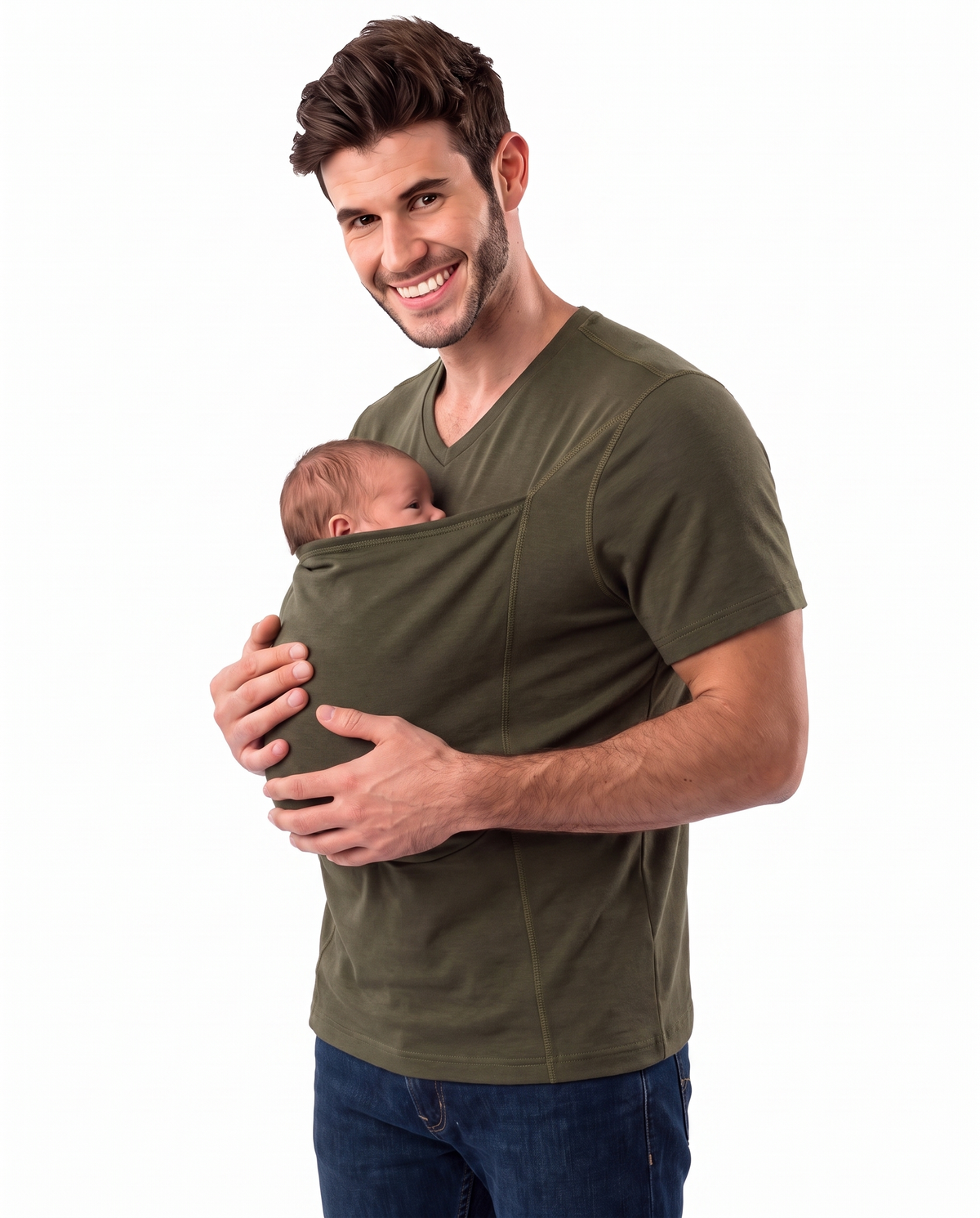 Olive green kangaroo pocket babywearing t-shirt, front view with baby in pouch