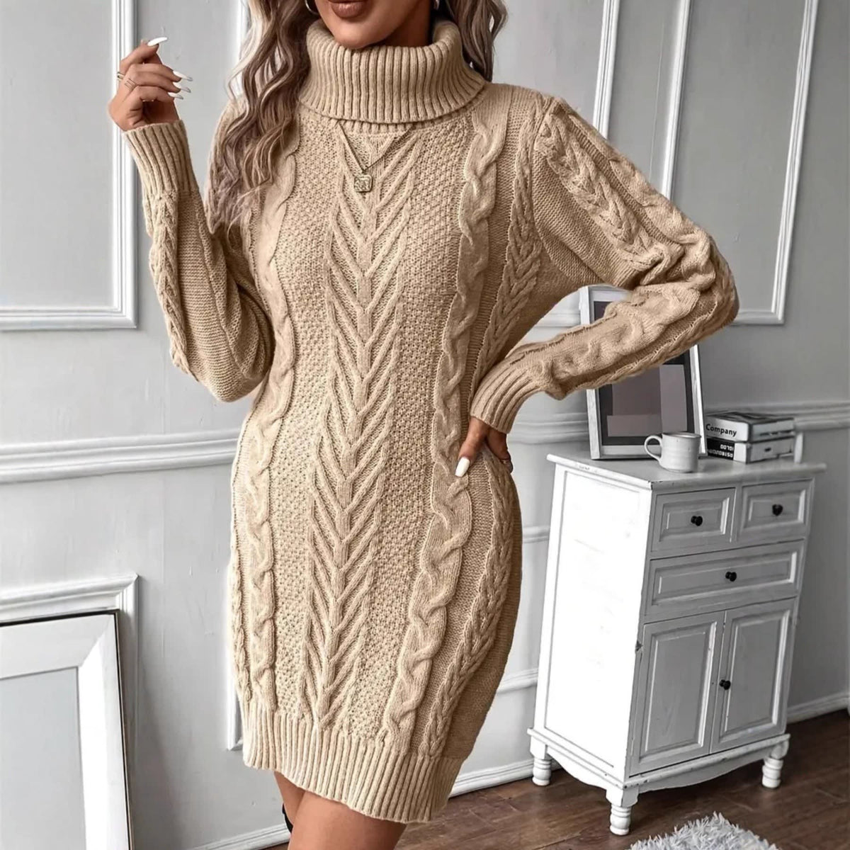 Kay Chunky Cable Knit Turtleneck Dress_2