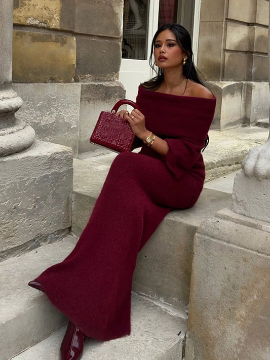 Eloah - Off Shoulder Geplooide Gebreide Maxi Dress