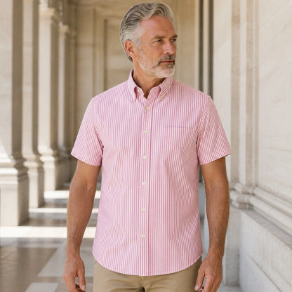 Red and White Bengal Stripe Short Sleeve Oxford Shirt Front View — view 13