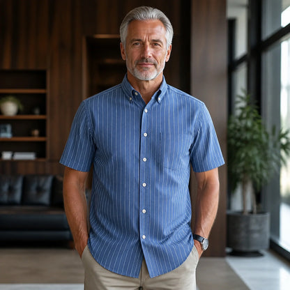 Navy Pinstripe Short Sleeve Oxford Shirt Front View — view 14