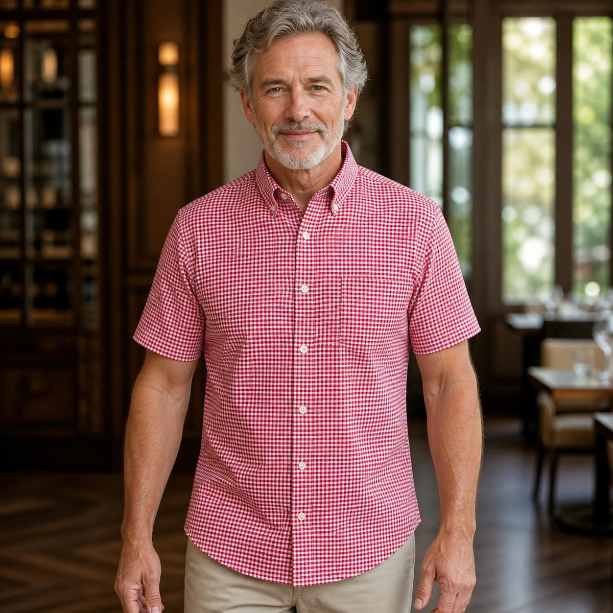 Red Micro Gingham Short Sleeve Oxford Shirt Front View — view 17