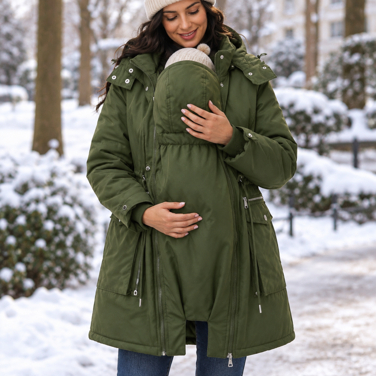 Mother wearing the army green 3-in-1 maternity winter parka with baby in the babywearing panel