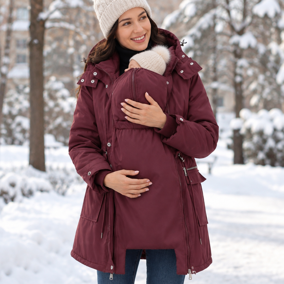 Mother wearing the dark red 3-in-1 maternity winter parka with baby in the babywearing panel