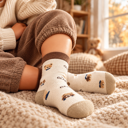 Enfant portant les chaussettes d'hiver douillettes à motif ours, gros plan sur les pieds et les jambes