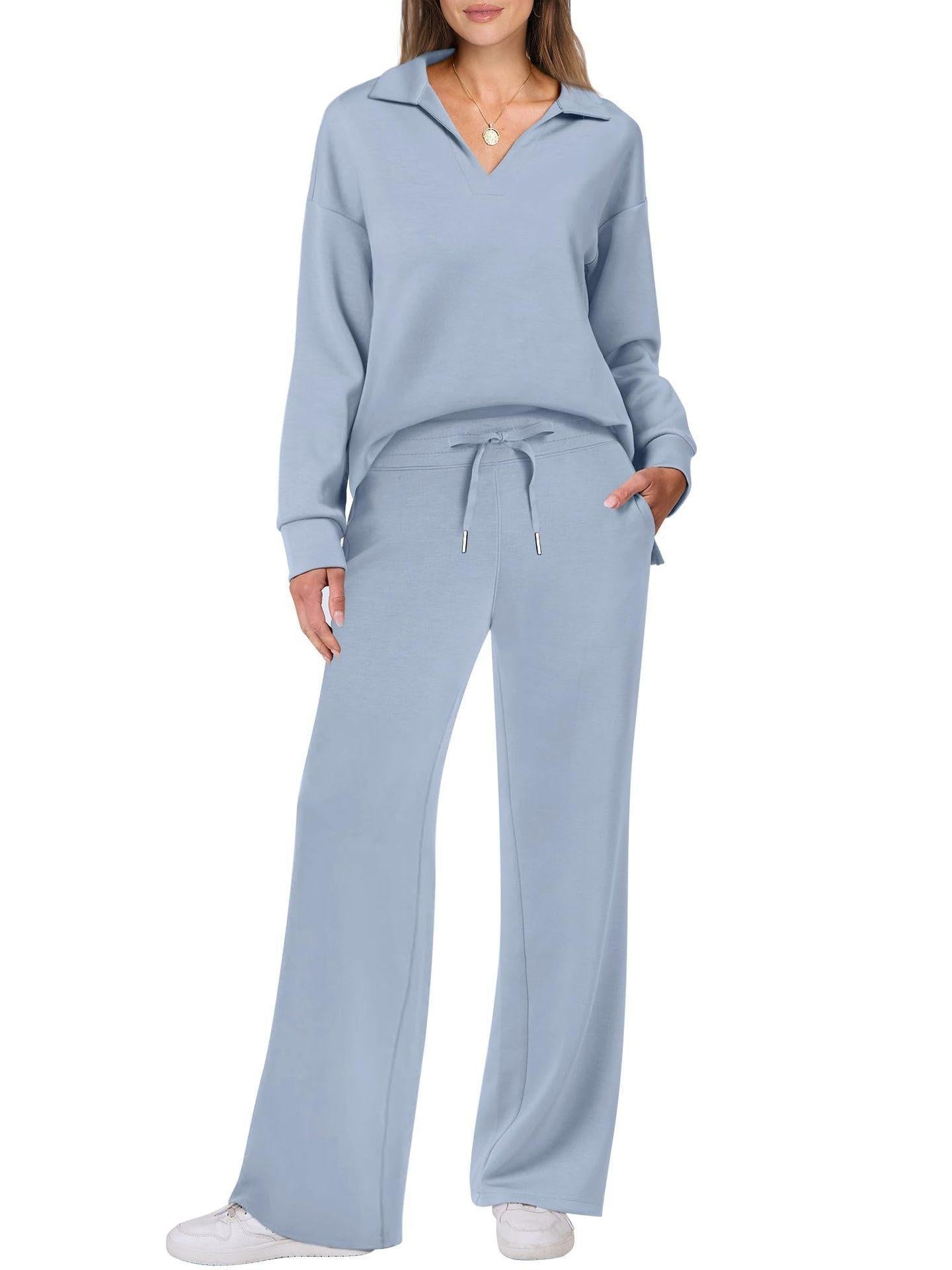 Dames Luxe Loungewear Set – Comfy V-hals Top en Broek van Zacht Katoen, Perfect voor Thuis en Ontspanning