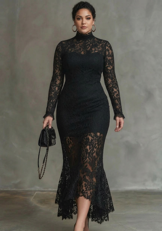 Dames Maxi Jurk Zwart Kant met Visstaart Zoom