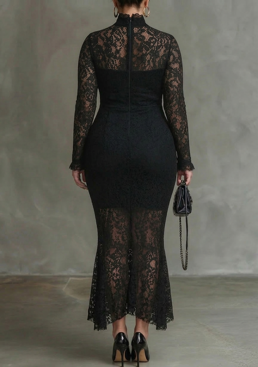 Dames Maxi Jurk Zwart Kant met Visstaart Zoom
