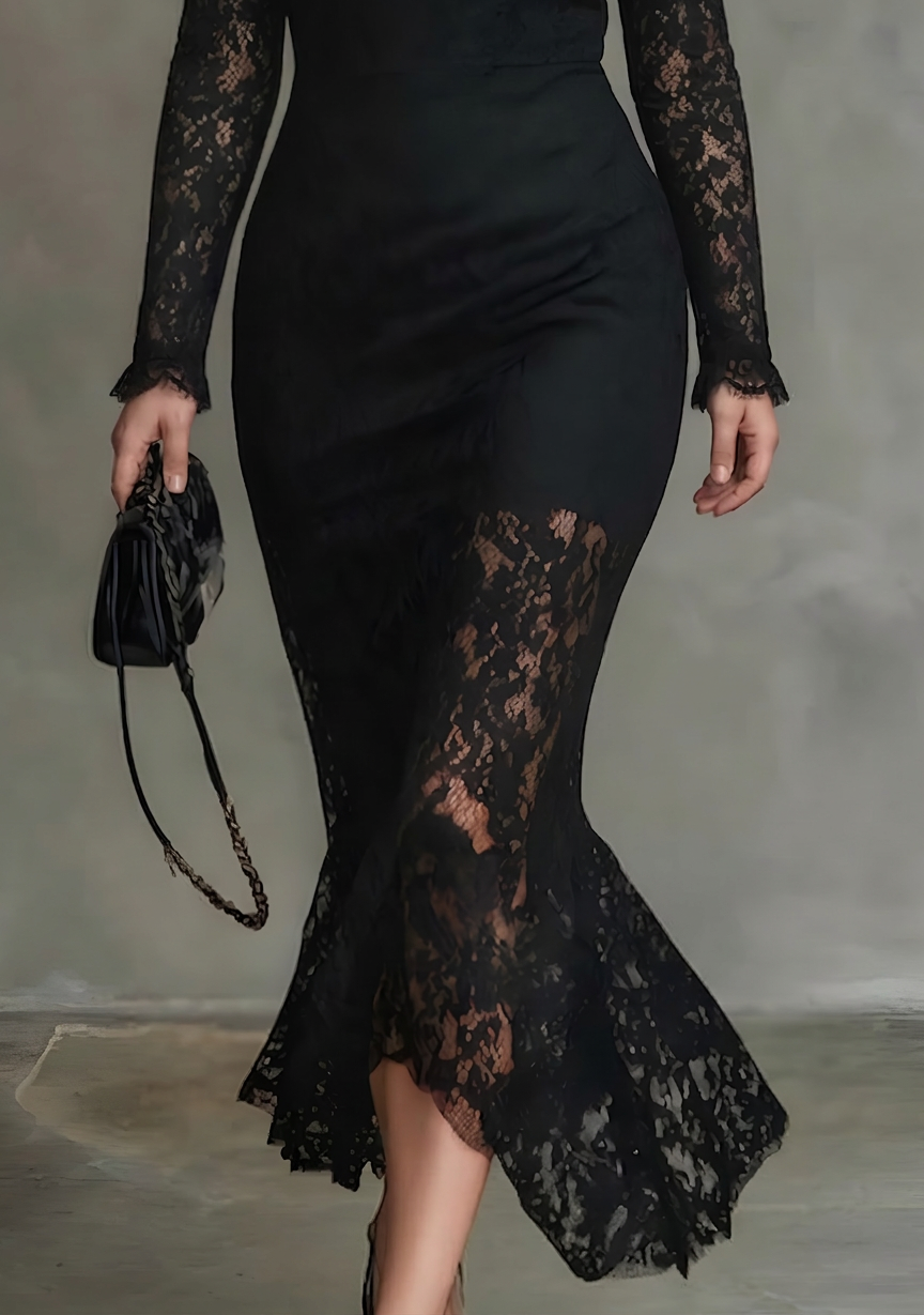 Dames Maxi Jurk Zwart Kant met Visstaart Zoom