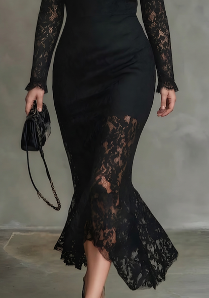 Dames Maxi Jurk Zwart Kant met Visstaart Zoom