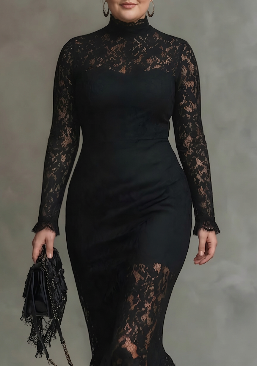 Dames Maxi Jurk Zwart Kant met Visstaart Zoom