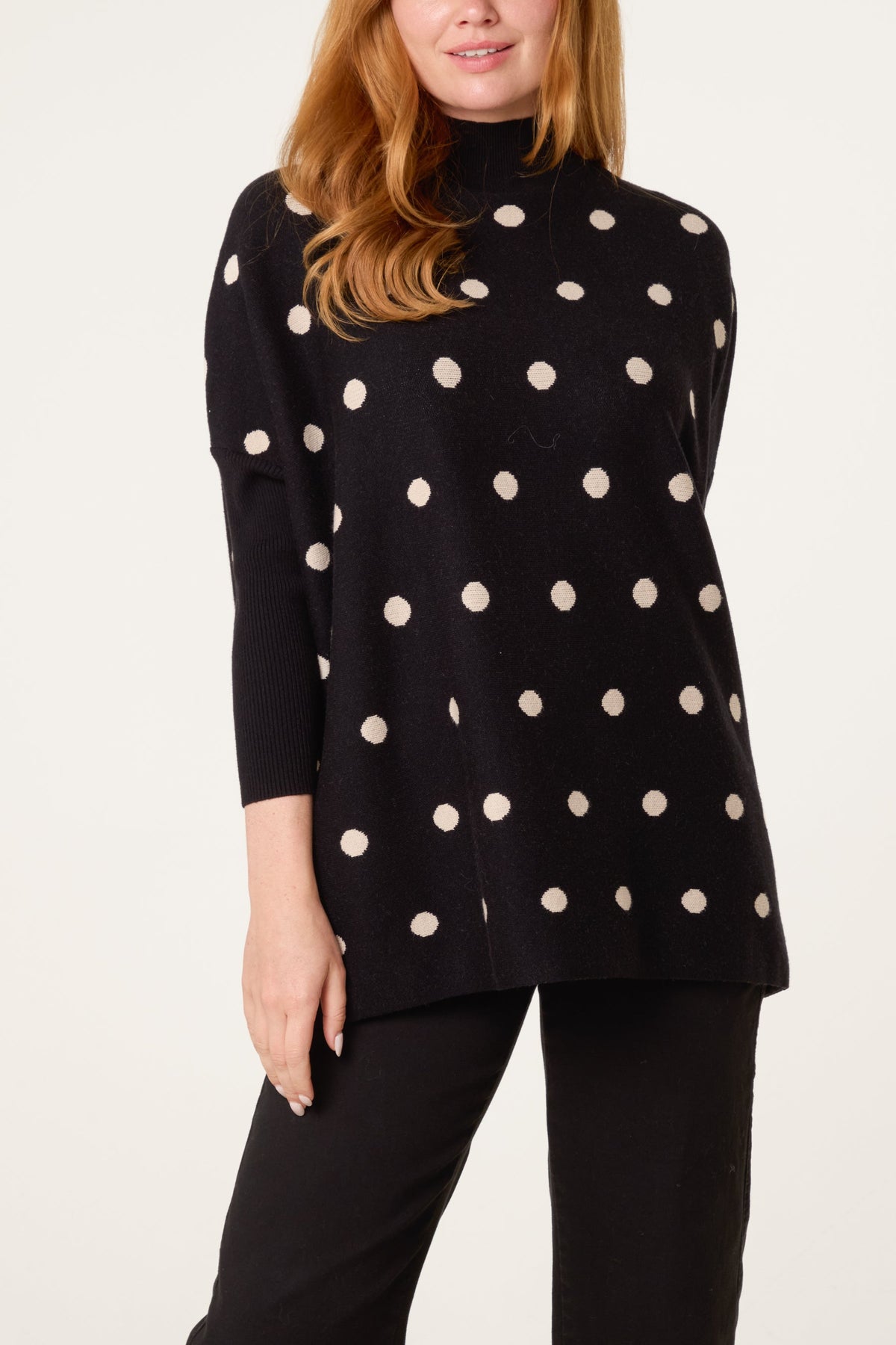 Dames Trui met Polkadot Print – Gebreide Pullover met Batwing Mouwen