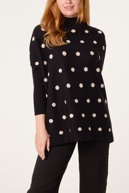 Dames Trui met Polkadot Print – Gebreide Pullover met Batwing Mouwen