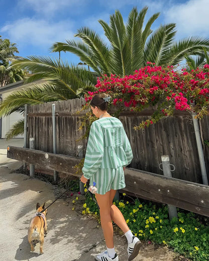 Lina - Casual Tweedelige Set met Losvallende Blouse en Short in Streepdesign