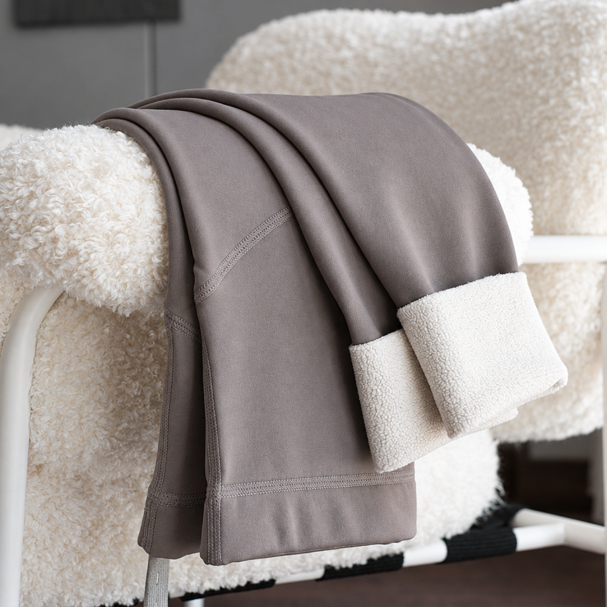 Rock Grey maternity thick fleece leggings with belly support panel draped over a chair