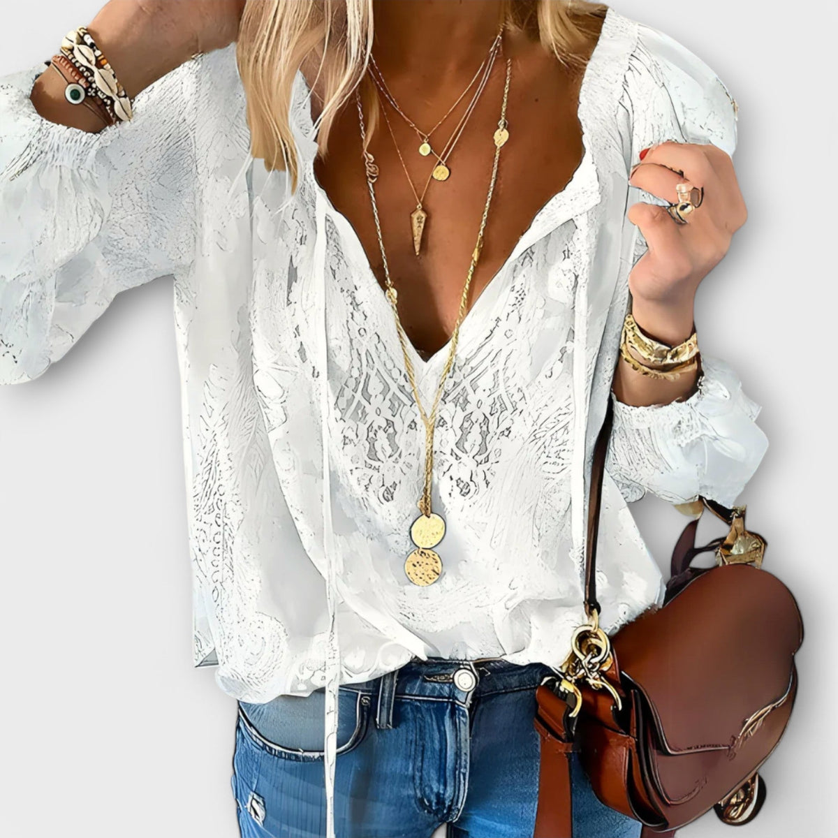 Dames Kanten Blouse V-hals met Lange Mouwen