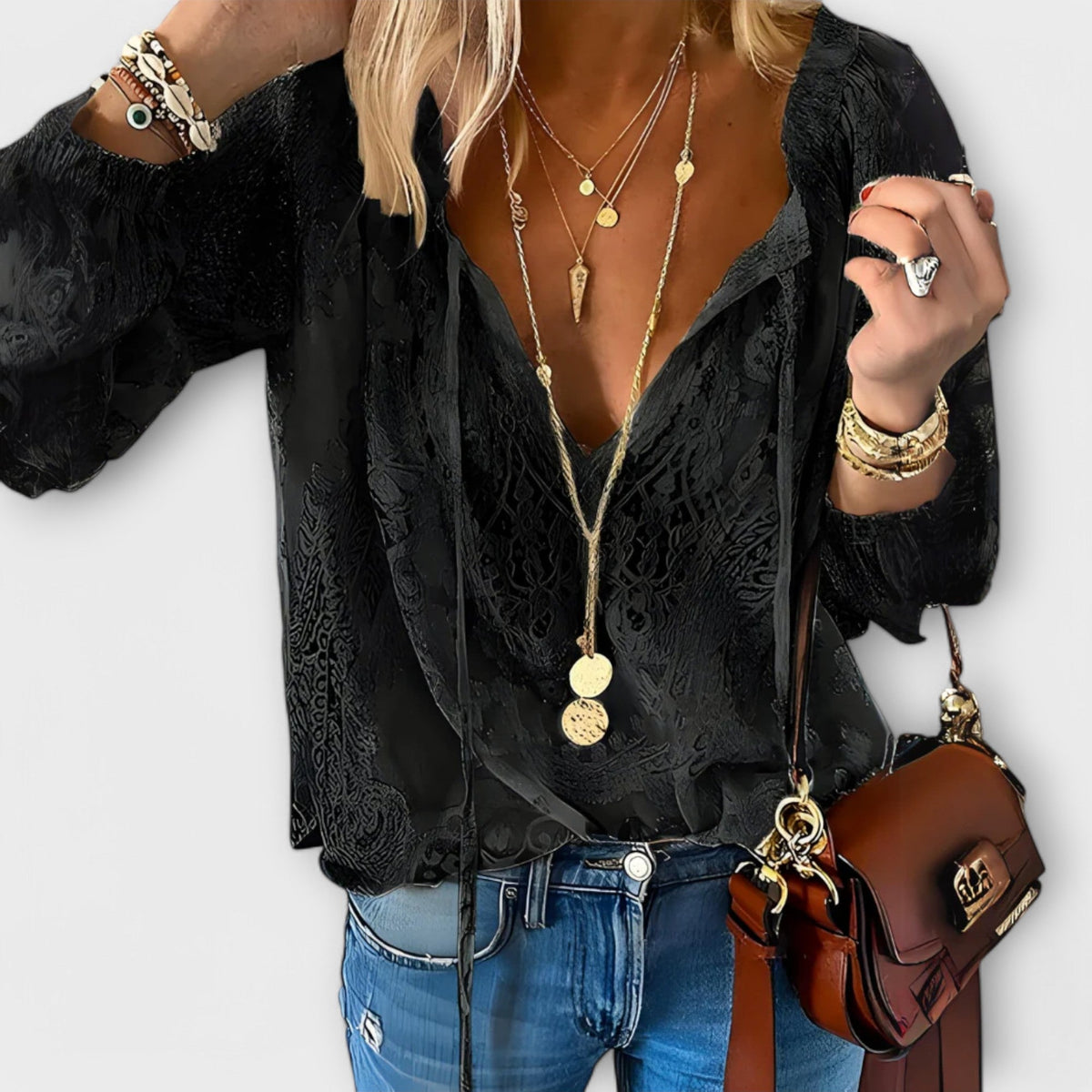 Dames Kanten Blouse V-hals met Lange Mouwen