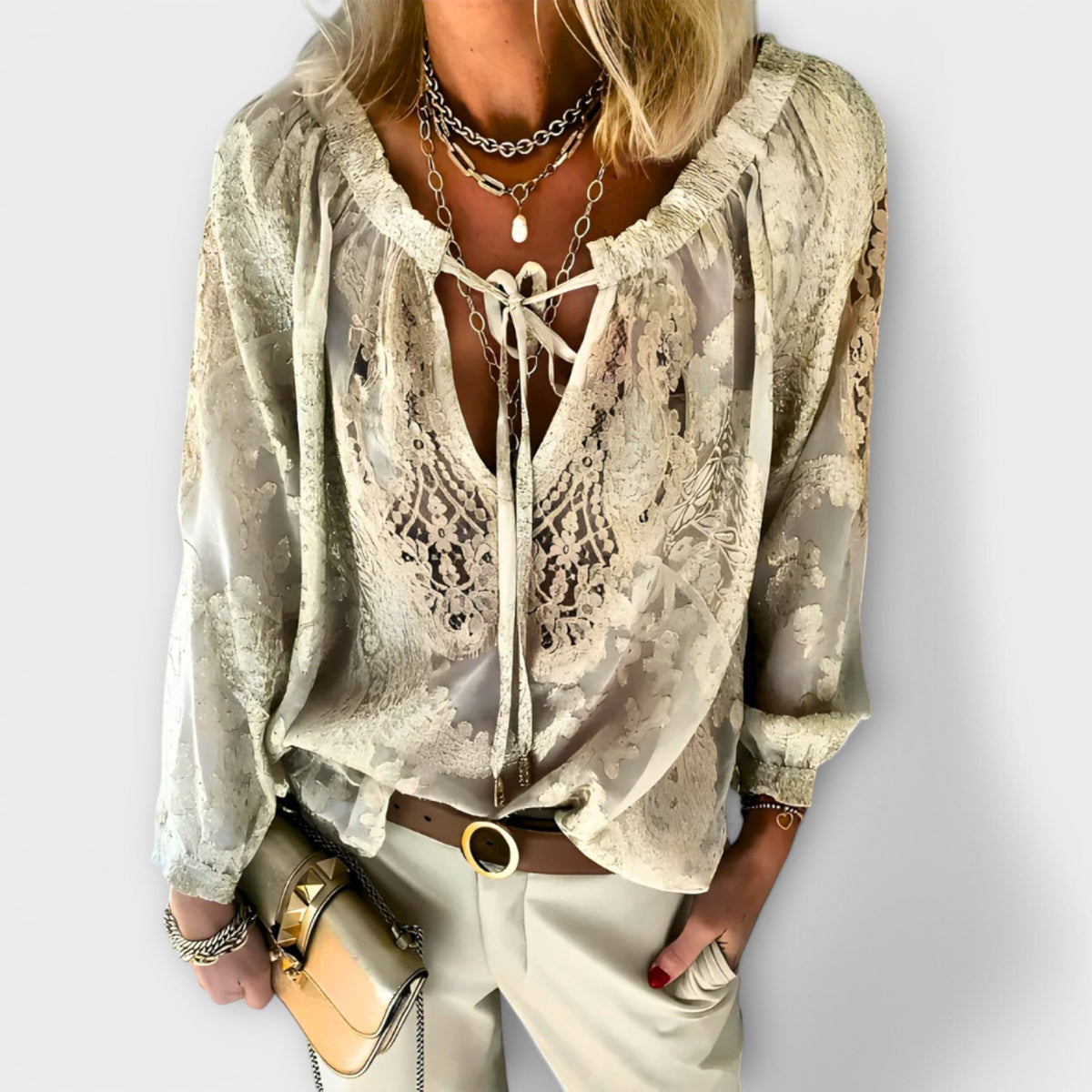 Dames Kanten Blouse V-hals met Lange Mouwen