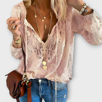 Dames Kanten Blouse V-hals met Lange Mouwen