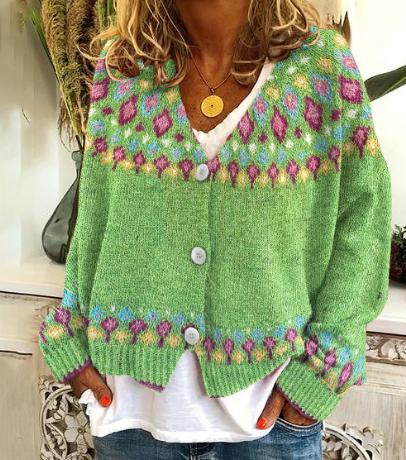 Dames Cardigan Vest – Gebreid, Grijs‑groen, Noors patroon, Winter