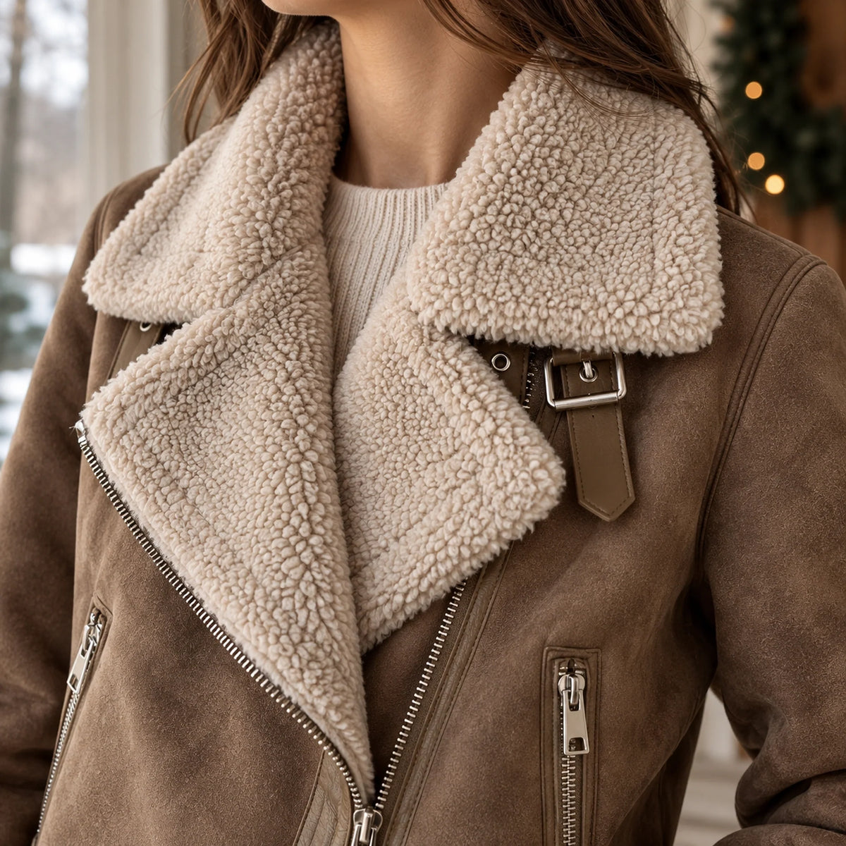 sherpa jacket — Women's Sherpa Lined Biker Jacket — Amira — Brown — close up of beige lapel and throat buckle strap — view 9