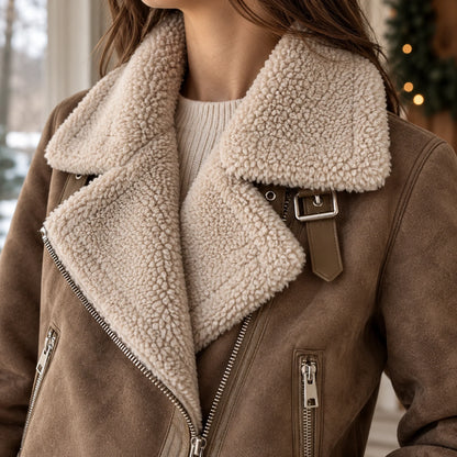 sherpa jacket — Women's Sherpa Lined Biker Jacket — Amira — Brown — close up of beige lapel and throat buckle strap — view 9