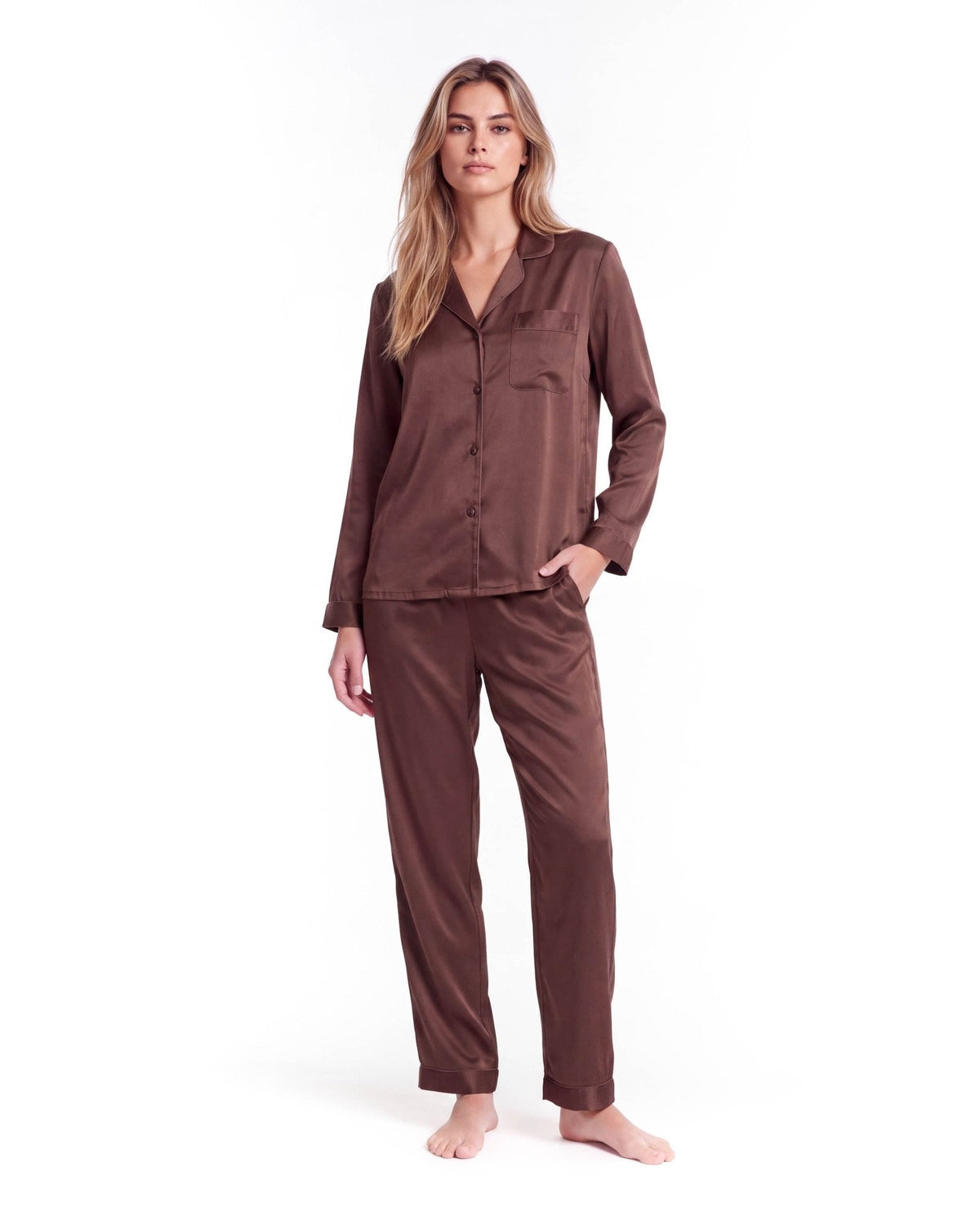 Dames Zijden Pyjamaset met Lange Mouwen en Broek