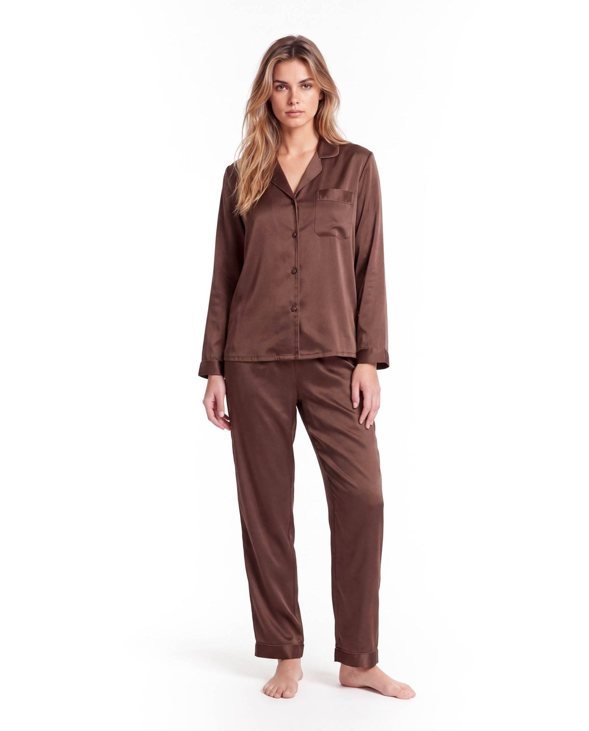 Dames Zijden Pyjamaset met Lange Mouwen en Broek