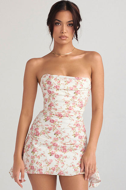 Lotte - Bloemige Strapless Mini Jurk met Satijnen Geplooide Trim
