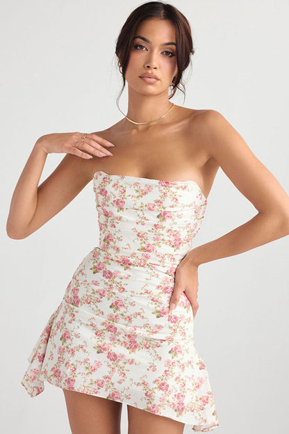 Lotte - Bloemige Strapless Mini Jurk met Satijnen Geplooide Trim