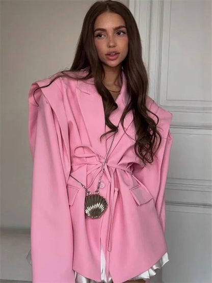Dames Oversized Blazer – Met Ceintuur en Brede Mouwen, Geschikt voor Werk en Casual Gebruik
