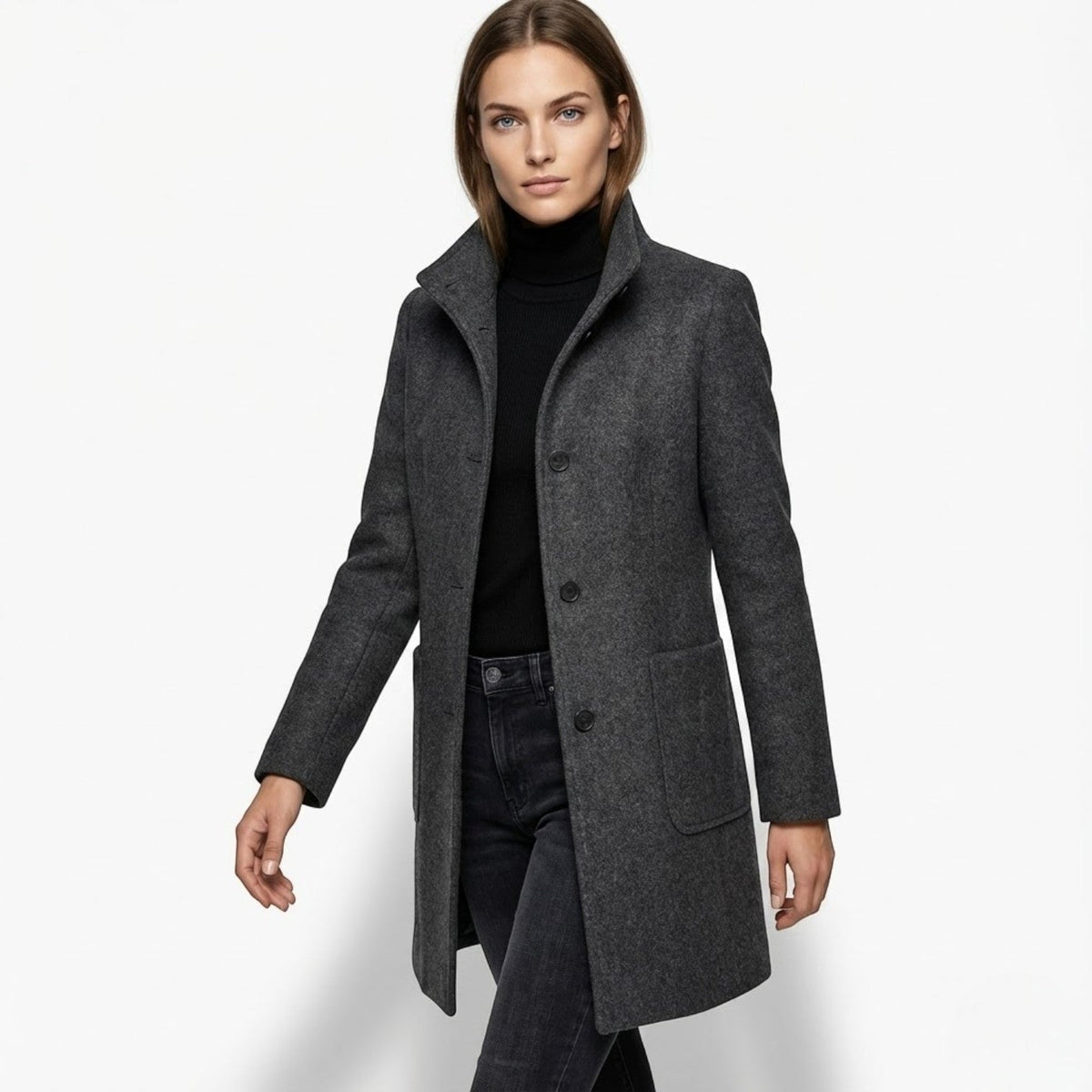 Soraya – Women's Coat with button closure and stand - up collar - Trench Coats - Black - Taylor & Bennett