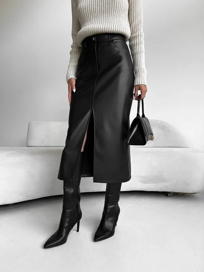 Elise - Stijlvolle Eco Leren Lange Rok met Split