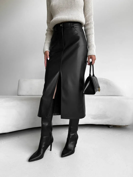 Elise - Stijlvolle Eco Leren Lange Rok met Split