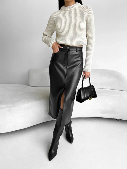 Elise - Stijlvolle Eco Leren Lange Rok met Split