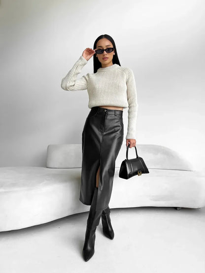 Elise - Stijlvolle Eco Leren Lange Rok met Split