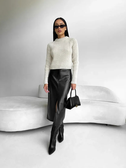 Elise - Stijlvolle Eco Leren Lange Rok met Split