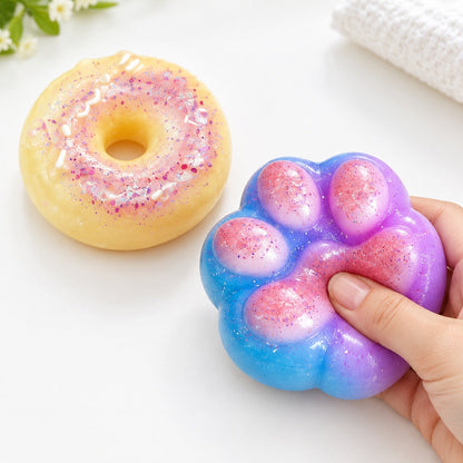 Finished donut and paw-shaped squishy creations made with the casting kit