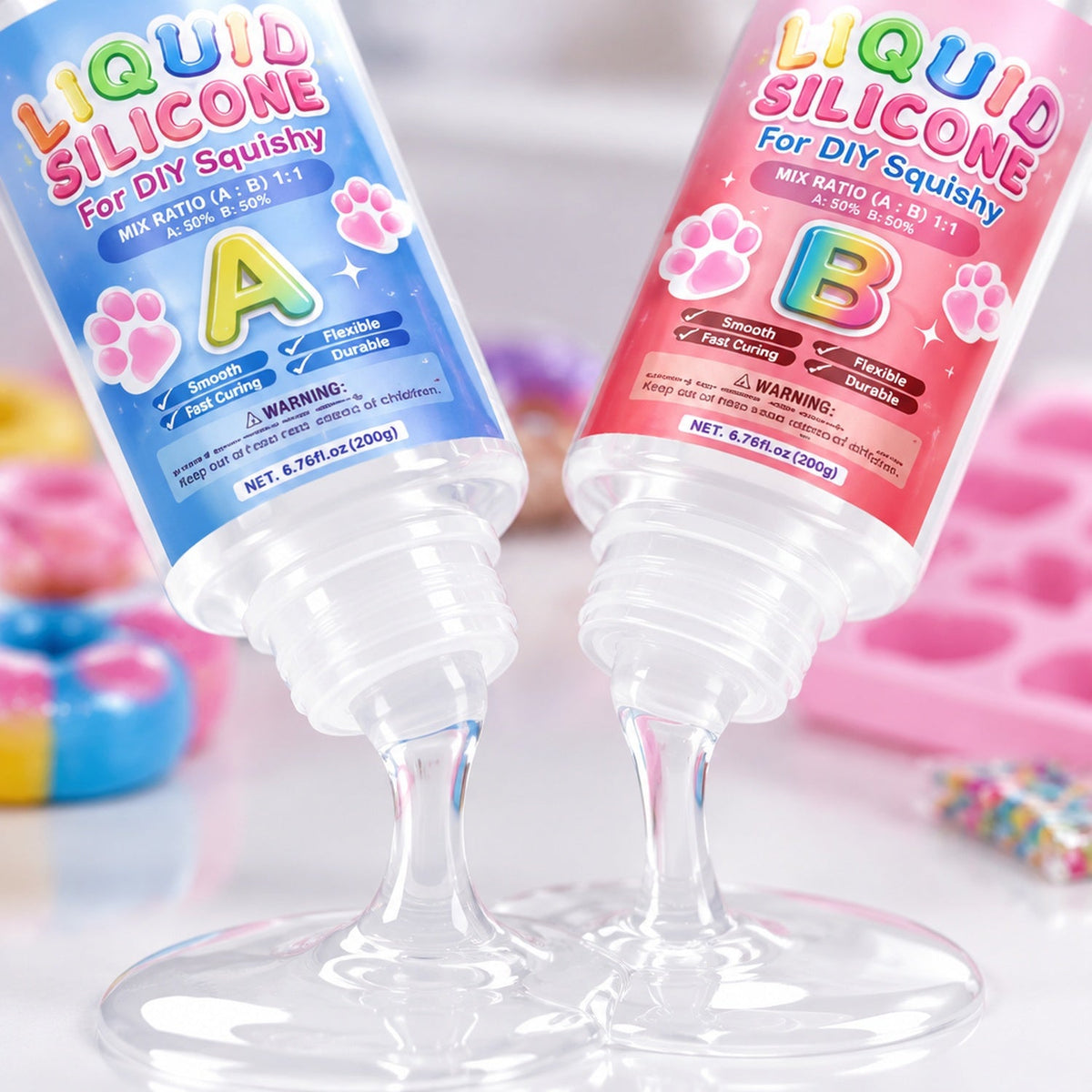 Close-up of the two-part liquid silicone components used in the squishy kit