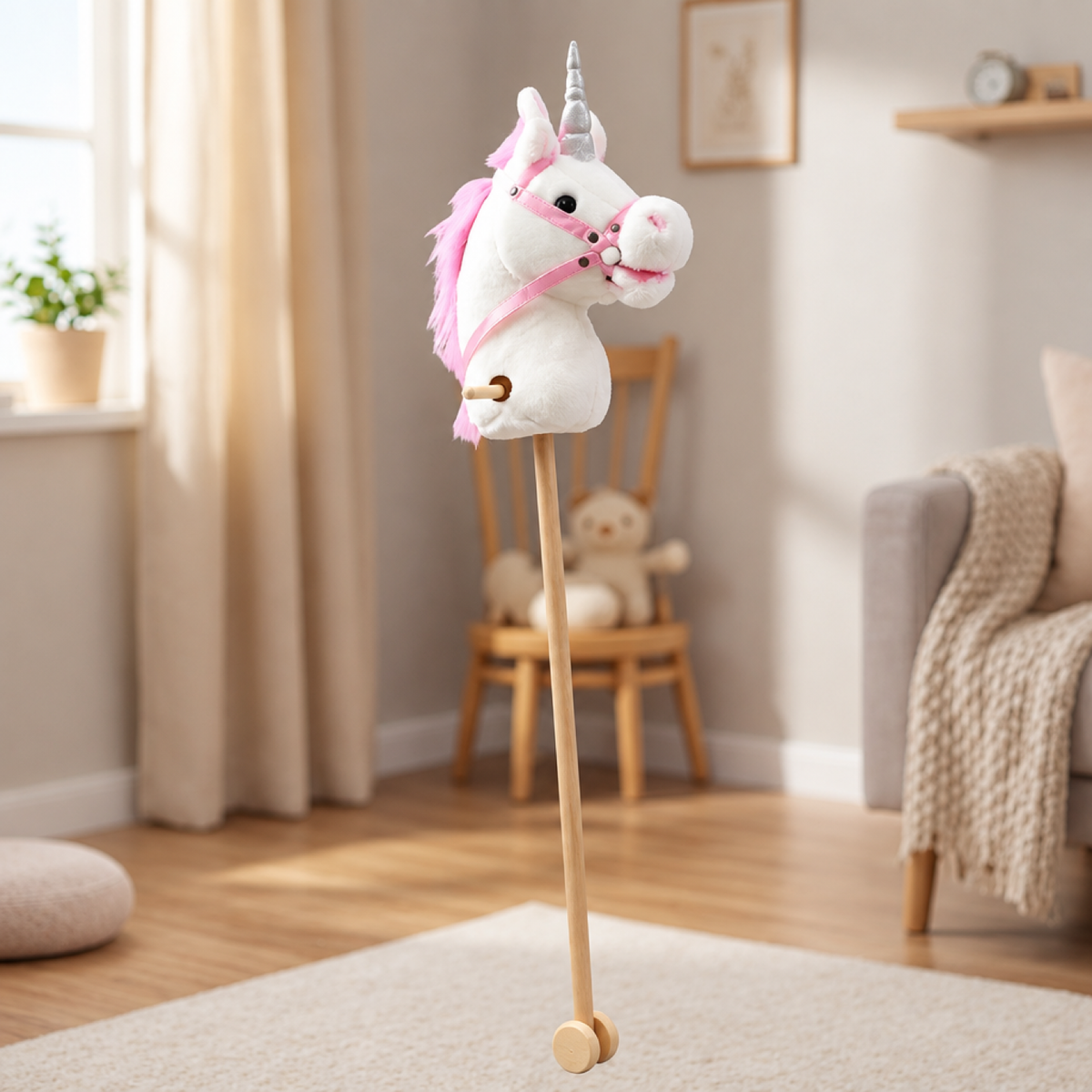 White plush stick horse toy with pink unicorn mane and horn on wooden wheels